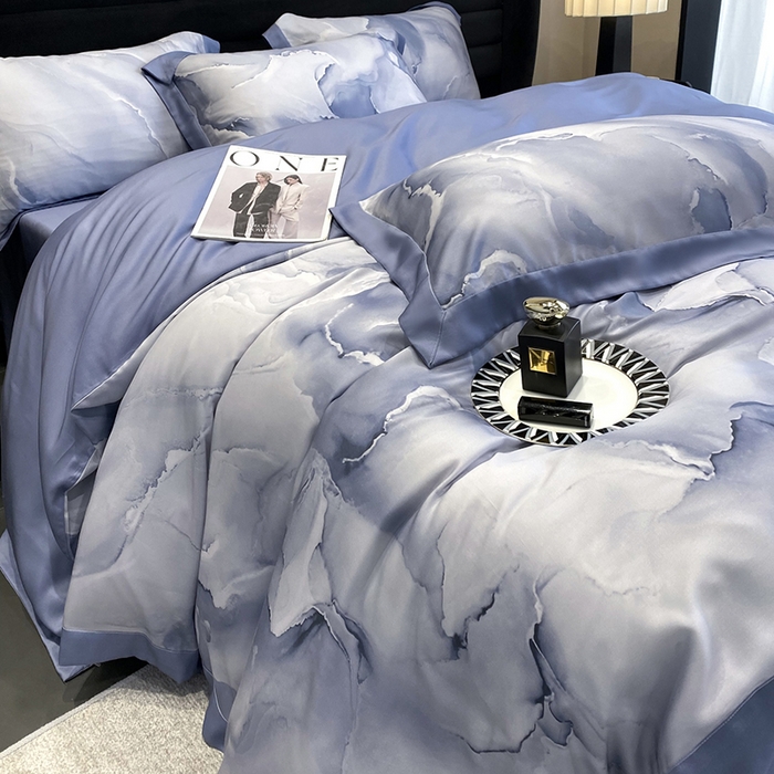 91家纺网 家纺一手货源 找家纺 优悦生活馆 2024新款轻奢天丝印花宽边拼角四件套系列-漫漫格调 漫漫格调-蓝