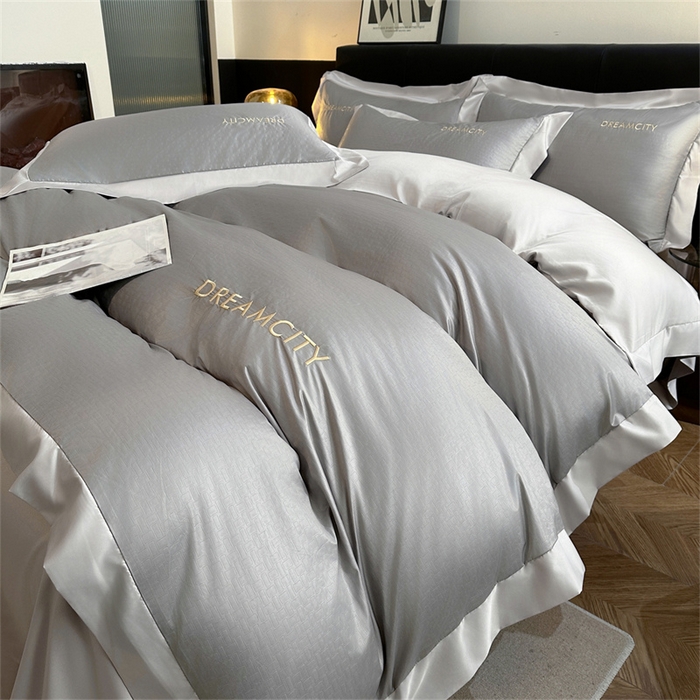 91家纺网 家纺一手货源 找家纺 古吉梦 2024新款水洗真丝提花四件套--迪梦  中灰+山灰