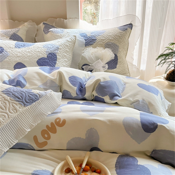 91家纺网 家纺一手货源 找家纺 添越 2024小清新韩版蕾丝花边纯棉夹棉床盖三件套全棉-怦然心动-蓝