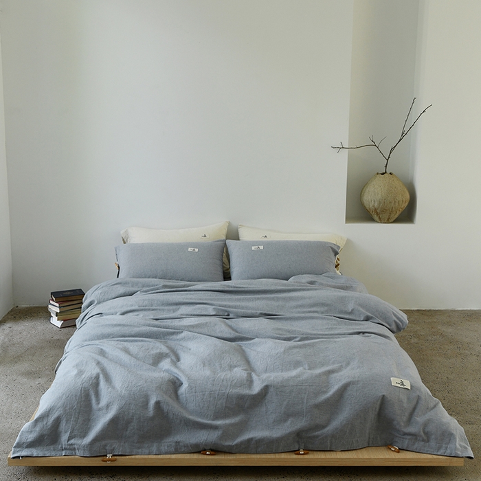 91家纺网 家纺一手货源 找家纺 山舍家居 2024 新款全棉棉麻纯色纽扣四件套 秋蓝