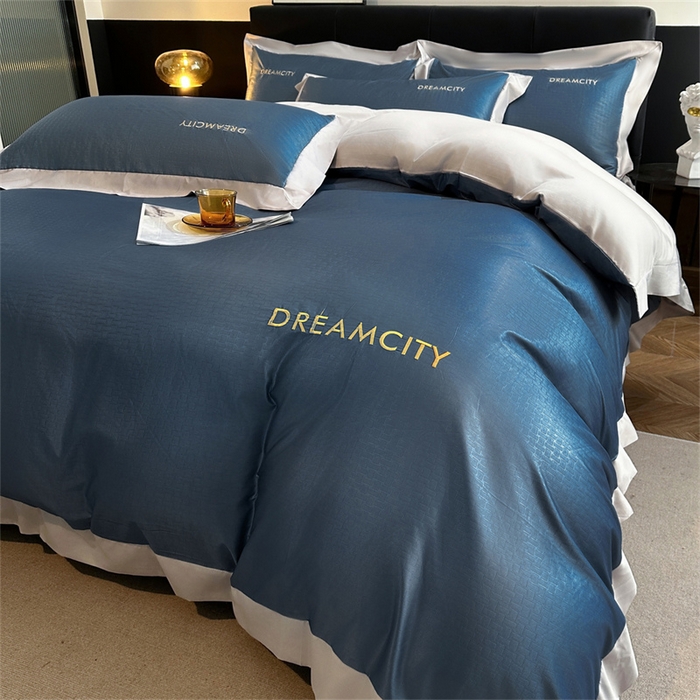 91家纺网 家纺一手货源 找家纺 古吉梦 2024新款水洗真丝提花四件套--迪梦  星空蓝+山灰