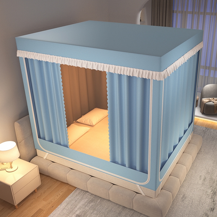 91家纺网 家纺一手货源 找家纺 世婕 2025新款坐床式防摔遮光蚊帐（免拼接烤漆支架）纯色帘子天空蓝