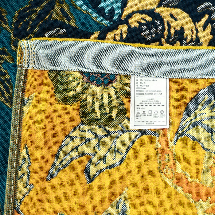 91家纺网 家纺一手货源 找家纺 朴尔毛巾被2024新款彩棉国潮风全棉六层纱布枕巾 花间物语-蓝枕巾52*78cm