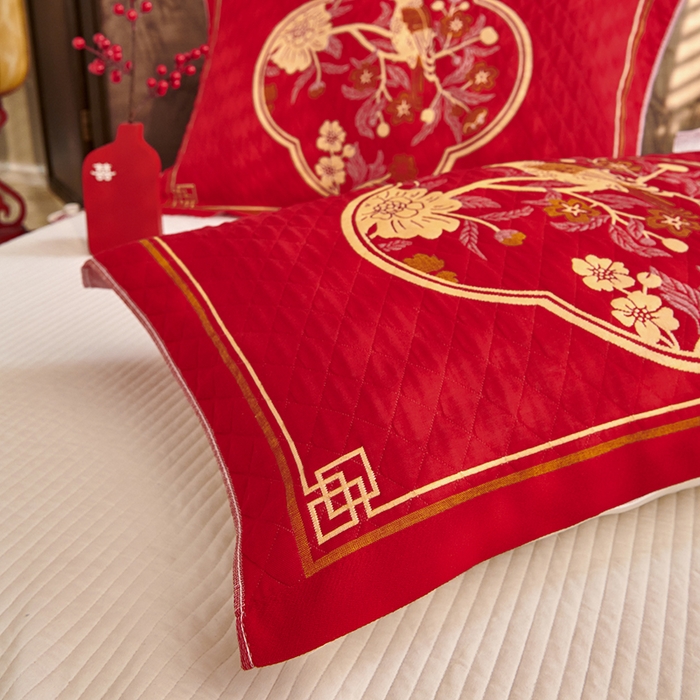 91家纺网 家纺一手货源 找家纺 美宜家 2025新款龙年全棉国潮大红多层纱布枕巾情侣婚庆枕巾52*78一对装 喜上加喜一只