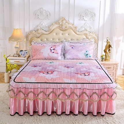 网红馆 2025新款冰丝凉席床裙三件套 蝴蝶