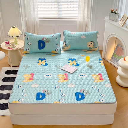 91家纺网 家纺一手货源 找家纺 福来临 2025新款印花凉感丝含胶凉席夏被三件套四件套 含胶凉席-恐龙乐园