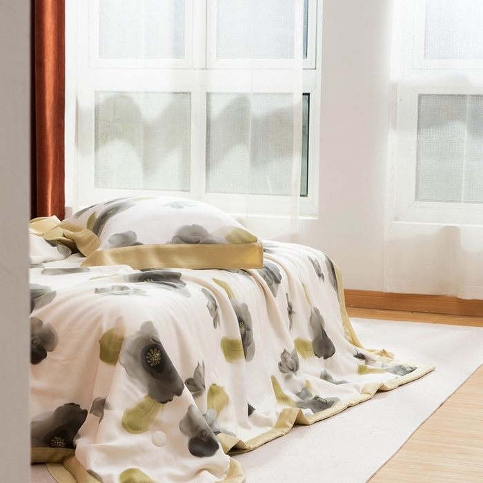 91家纺网 家纺一手货源 找家纺 黛舒家居 2024新款莱赛尔天丝大豆夏被四件套 花恋