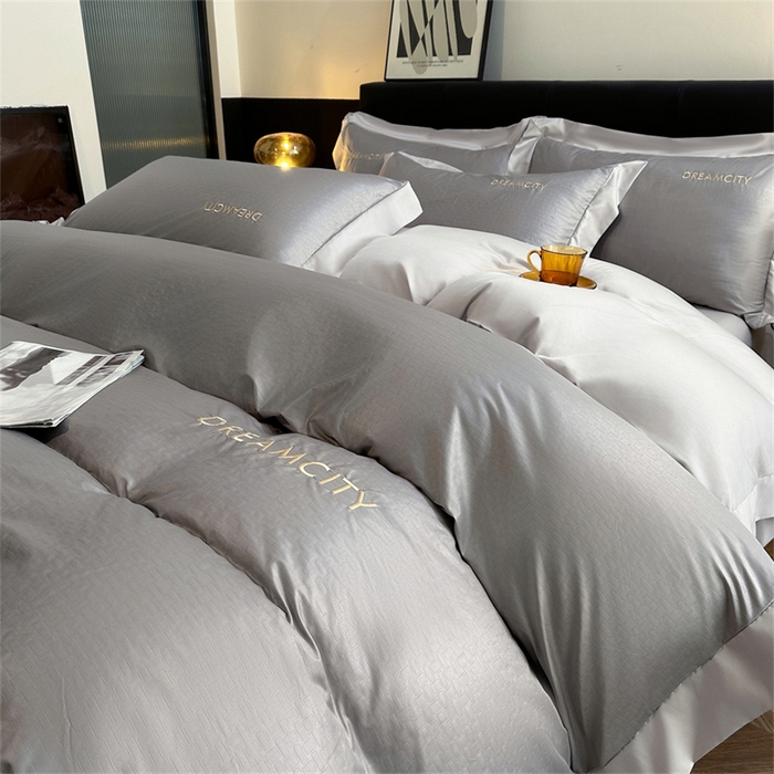 91家纺网 家纺一手货源 找家纺 古吉梦 2024新款水洗真丝提花四件套--迪梦  中灰+山灰