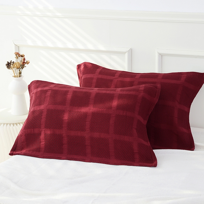 91家纺网 家纺一手货源 找家纺 朴尔毛巾被2024年新品全棉质朴方格风立体华夫格透气纱布枕巾 方格华夫格-酒红枕巾50*80cm