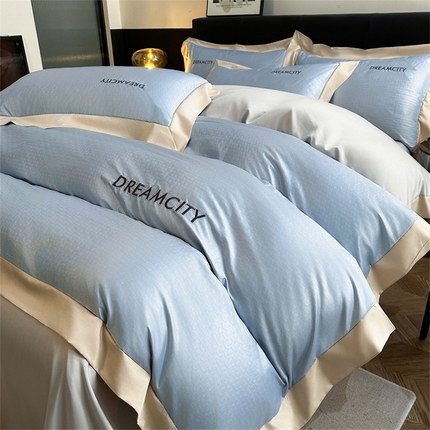 91家纺网 家纺一手货源 找家纺 古吉梦 2024新款水洗真丝提花四件套--迪梦  海青+山灰