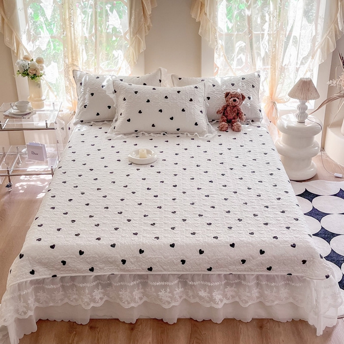 91家纺网 家纺一手货源 找家纺 添越 2024新款雪纺蕾丝款纯棉床盖四件套-比心