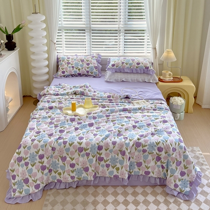 91家纺网 家纺一手货源 找家纺 美宜家 2025新款水洗棉麻印花夏被四件套 郁金香