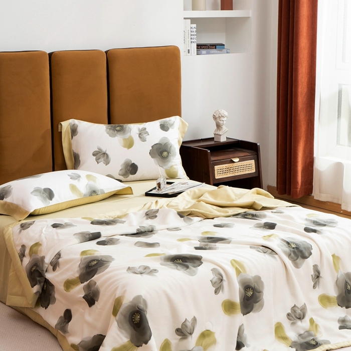 91家纺网 家纺一手货源 找家纺 黛舒家居 2024新款莱赛尔天丝大豆夏被四件套 花恋