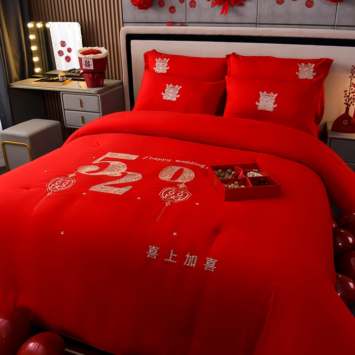 91家纺网 家纺一手货源 找家纺 美伦美 2024新款全棉婚庆刺绣手工订花被芯冬被春秋冬被夏被 喜上加喜