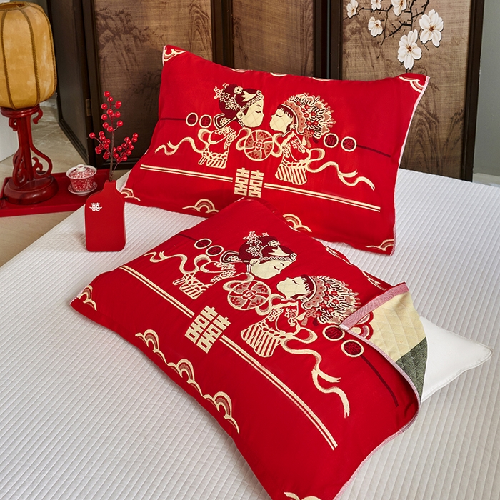 91家纺网 家纺一手货源 找家纺 美宜家 2025新款龙年全棉国潮大红多层纱布枕巾情侣婚庆枕巾52*78一对装 永结同心一只