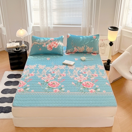 91家纺网 家纺一手货源 找家纺 福来临 2025新款印花凉感丝含胶凉席夏被三件套四件套 含胶凉席-繁花似锦