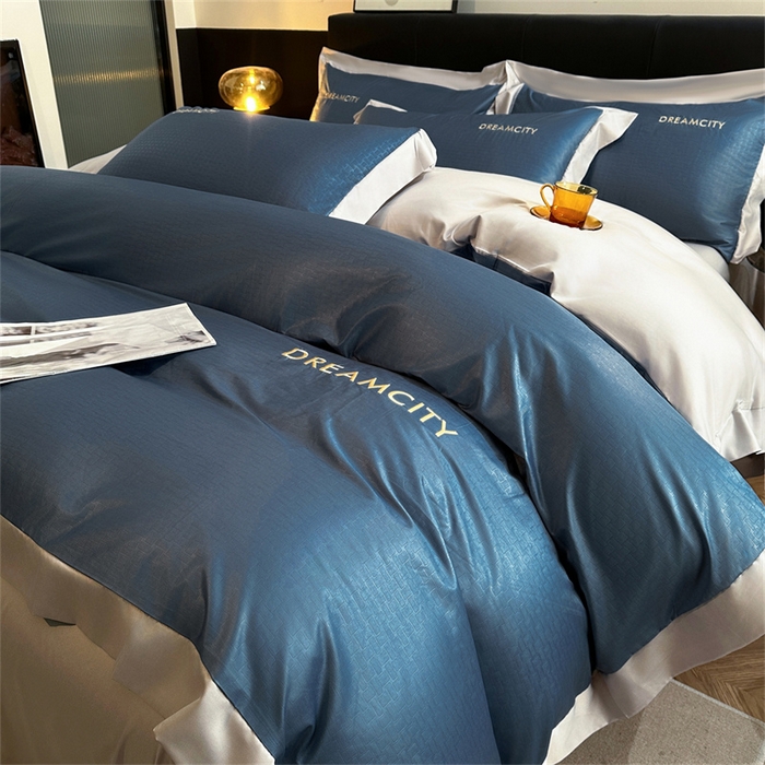 91家纺网 家纺一手货源 找家纺 古吉梦 2024新款水洗真丝提花四件套--迪梦  星空蓝+山灰