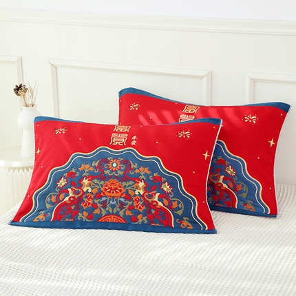 91家纺网 家纺一手货源 找家纺 （总）朴尔毛巾被 2024年全棉加厚八层纱布喜庆民族风婚庆系列枕巾