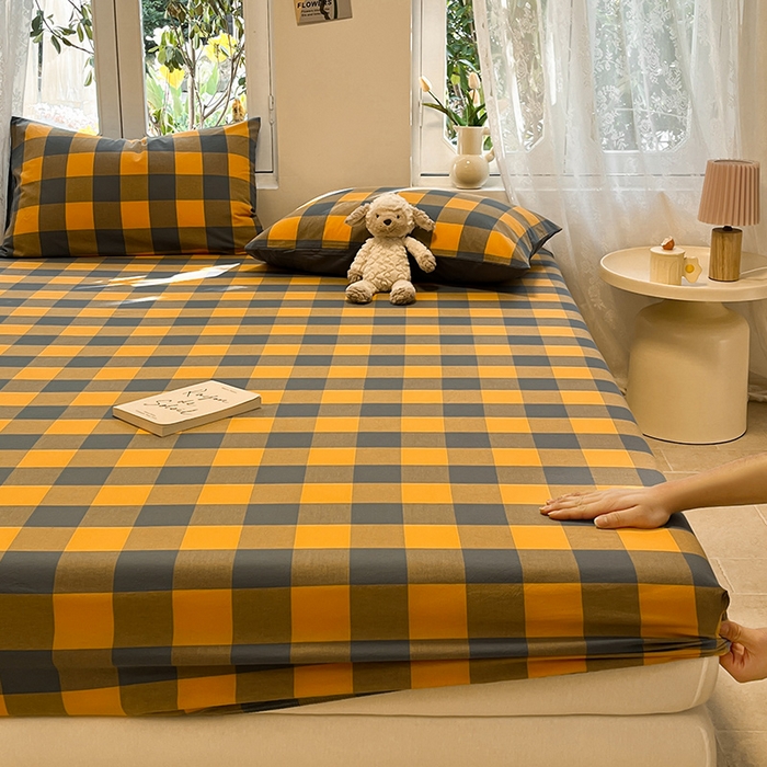 91家纺网 家纺一手货源 找家纺 蓝邻 2024新款全棉无印风全棉色织水洗棉单品床笠 格森橘中格