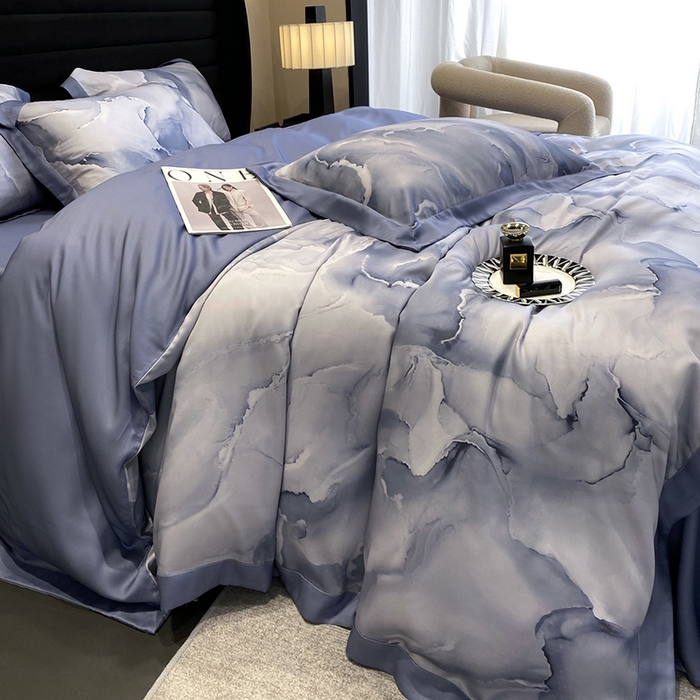 91家纺网 家纺一手货源 找家纺 优悦生活馆 2024新款轻奢天丝印花宽边拼角四件套系列-漫漫格调 漫漫格调-蓝