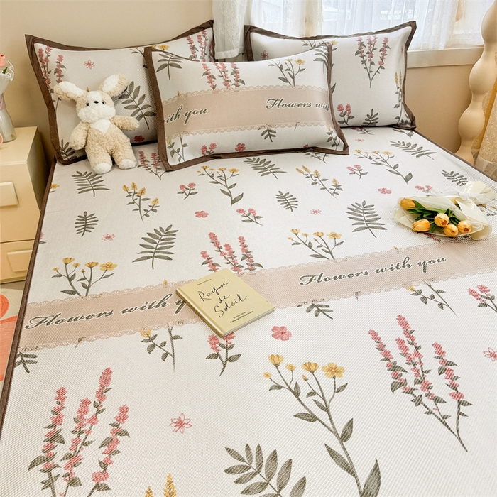 91家纺网 家纺一手货源 找家纺 懒猫家纺 2024新款600D数码印花冰藤凉席-床笠款 花枝招展-床笠款