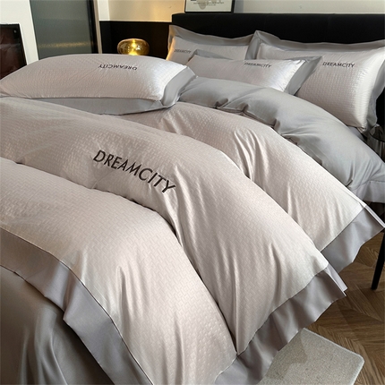 91家纺网 家纺一手货源 找家纺 古吉梦 2024新款水洗真丝提花四件套--迪梦  山灰+中灰