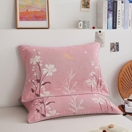 91家纺网 家纺一手货源 找家纺 美宜家 2025新款全棉四层纱布中国风枕巾 52*80cm/对飞上枝头-粉