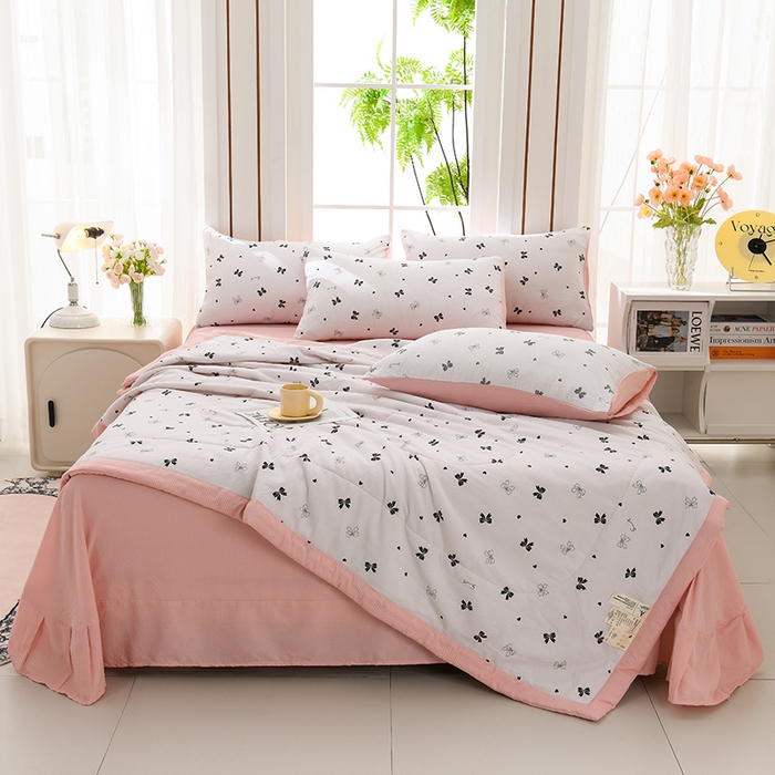 91家纺网 家纺一手货源 找家纺  盈超2024新款A类有氧提花泡泡纱床裙夏被四件套 蝴蝶结