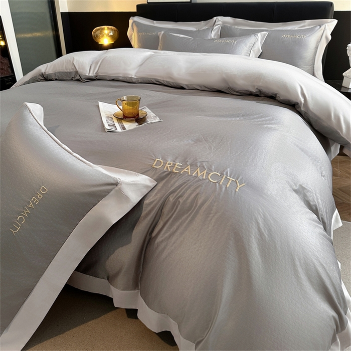 91家纺网 家纺一手货源 找家纺 古吉梦 2024新款水洗真丝提花四件套--迪梦  中灰+山灰