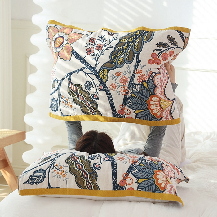 91家纺网 家纺一手货源 找家纺 朴尔毛巾被2024新款彩棉国潮风全棉六层纱布枕巾 花田印象-枕巾52*78cm