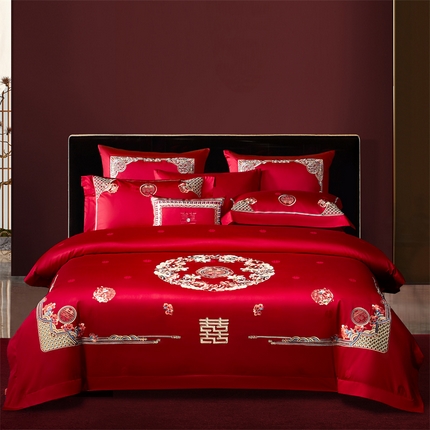 91家纺网 家纺一手货源 找家纺 高大尚婚庆馆 2025新款60支双股长绒棉提花四件套多件套-婚庆系列 锦绣花喜