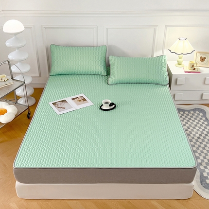 91家纺网 家纺一手货源 找家纺 福来临 2025新款印花凉感丝含胶凉席夏被三件套四件套 含胶凉席-水绿