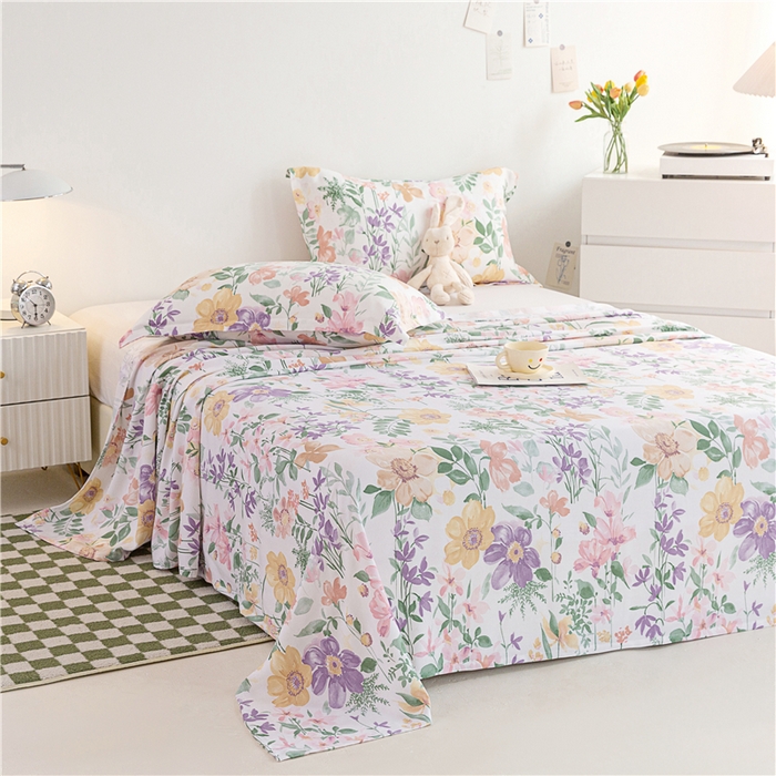 91家纺网 家纺一手货源 找家纺 金泰莱 2025新款印花竹纤维凉席三件套软凉席竹席盖毯子 鸿韵-粉