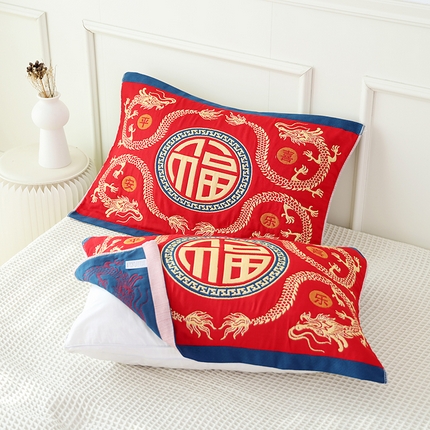 91家纺网 家纺一手货源 找家纺 （总）朴尔毛巾被 2024年全棉加厚八层纱布喜庆民族风婚庆系列枕巾