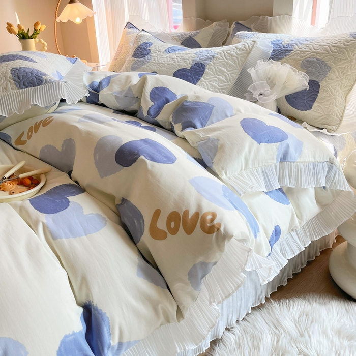 91家纺网 家纺一手货源 找家纺 添越 2024小清新韩版蕾丝花边纯棉夹棉床盖三件套全棉-怦然心动-蓝