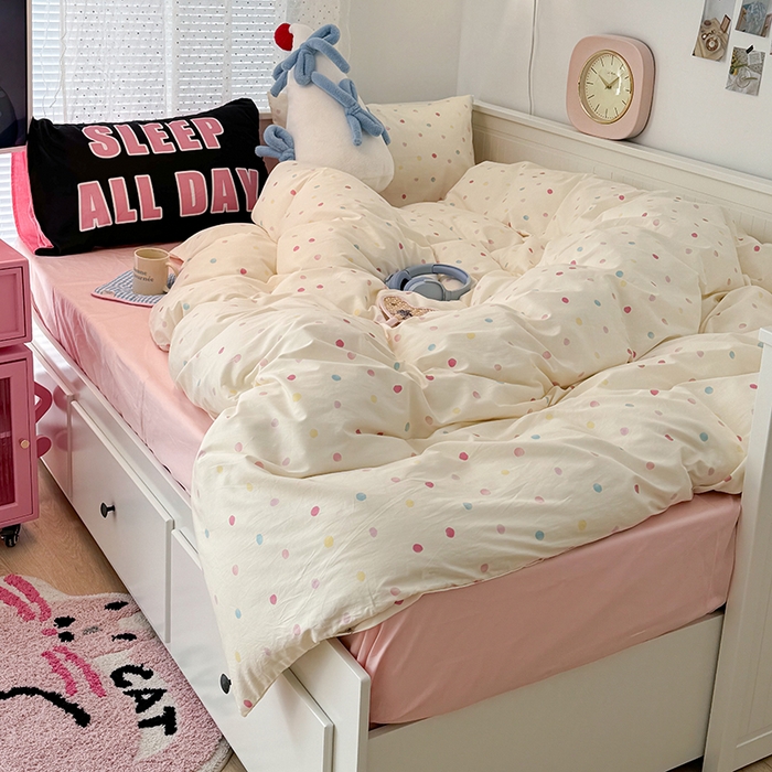 91家纺网 家纺一手货源 找家纺 昔可家纺 2024新款创意枕套全棉波点印花四件套 彩色点点