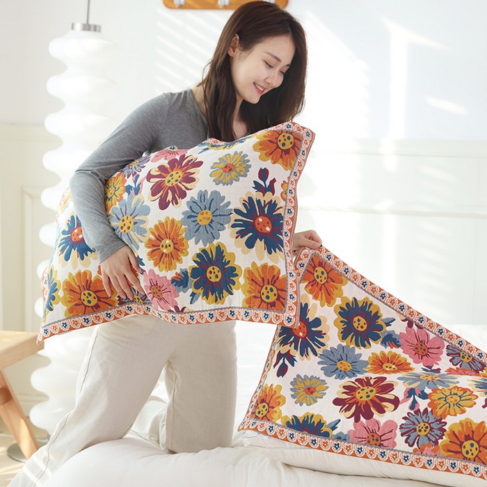 91家纺网 家纺一手货源 找家纺 朴尔毛巾被2024新款彩棉国潮风全棉六层纱布枕巾 繁花朵朵-枕巾52*78cm