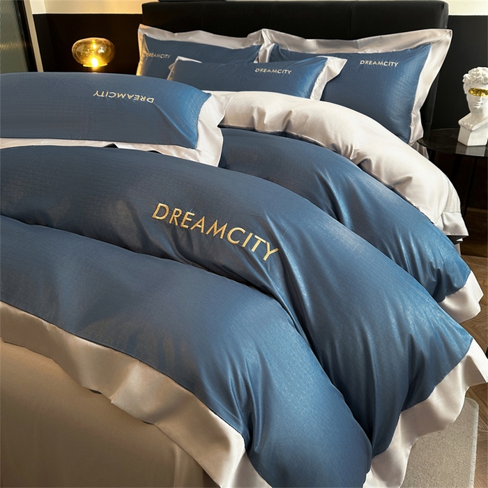 91家纺网 家纺一手货源 找家纺 古吉梦 2024新款水洗真丝提花四件套--迪梦  星空蓝+山灰