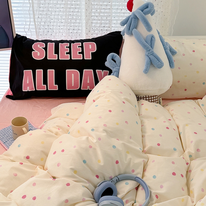 91家纺网 家纺一手货源 找家纺 昔可家纺 2024新款创意枕套全棉波点印花四件套 彩色点点