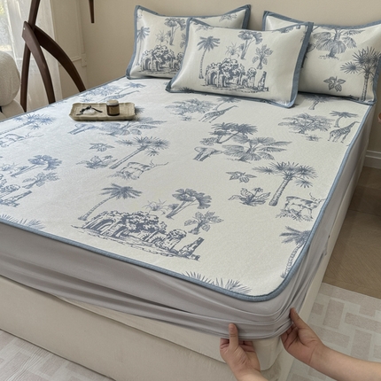 91家纺网 家纺一手货源 找家纺 （总）懒猫家纺 2024新款600D数码印花冰藤凉席-床笠款