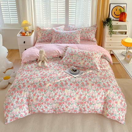 美宜家  2025新款植物羊绒加厚斜纹磨毛单被套四件套 甜蜜兔