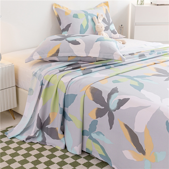 91家纺网 家纺一手货源 找家纺 金泰莱 2025新款印花竹纤维凉席三件套软凉席竹席盖毯子 叶曼-灰