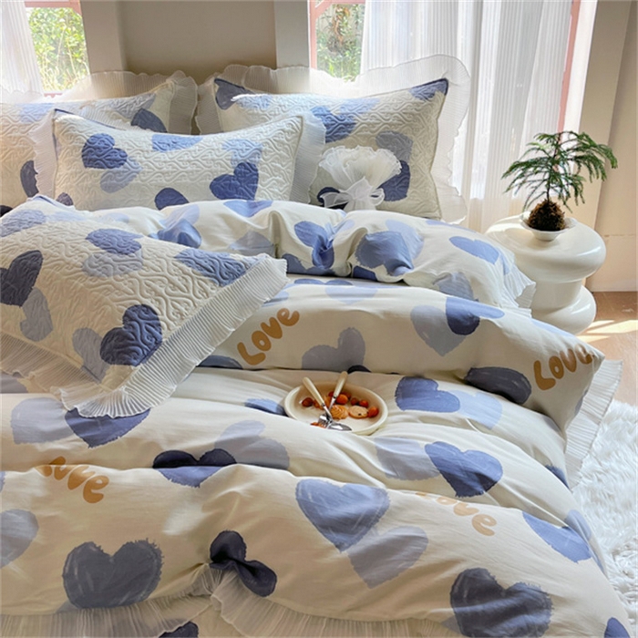 91家纺网 家纺一手货源 找家纺 添越 2024小清新韩版蕾丝花边纯棉夹棉床盖三件套全棉-怦然心动-蓝