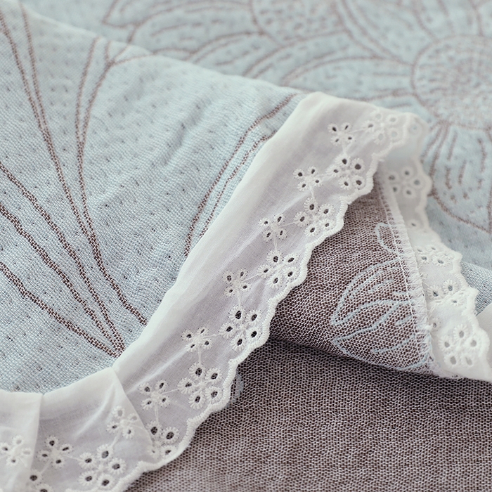 91家纺网 家纺一手货源 找家纺 朴尔毛巾被2024年新款韩式花边四层纱枕巾纯棉竹纤维加大成人纱布巾 怒放-蓝52*78cm