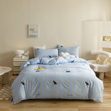 网客家纺 2024新款全棉条纹印花四件套 夜猫-蓝