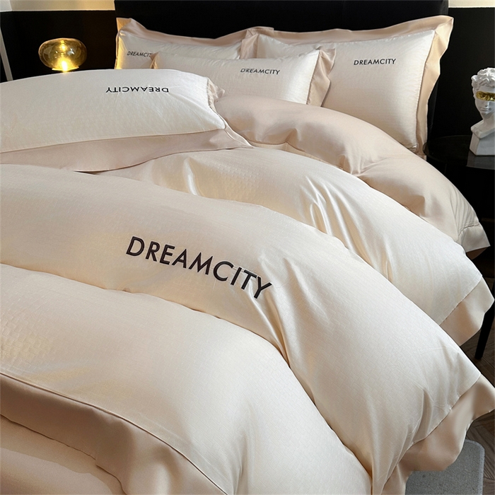 91家纺网 家纺一手货源 找家纺 古吉梦 2024新款水洗真丝提花四件套--迪梦  奶昔白+奶茶