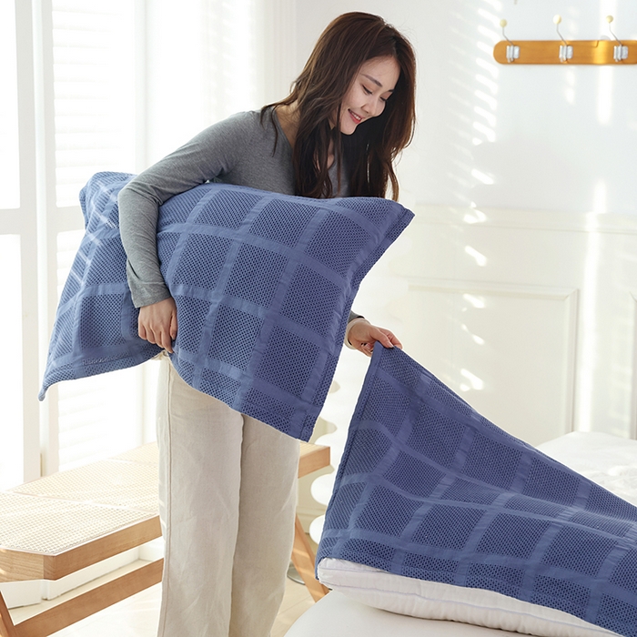 91家纺网 家纺一手货源 找家纺 朴尔毛巾被2024年新品全棉质朴方格风立体华夫格透气纱布枕巾 方格华夫格-深蓝枕巾50*80cm