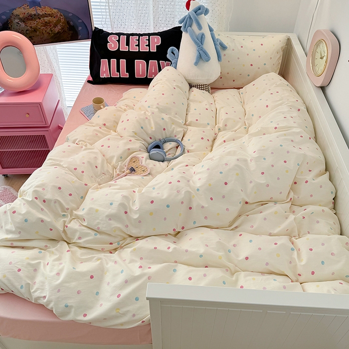 91家纺网 家纺一手货源 找家纺 昔可家纺 2024新款创意枕套全棉波点印花四件套 彩色点点