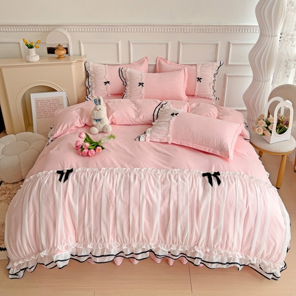 包小包 2024新款臻丝棉小香风提花双层花边韩版公主风四件套（提供买家秀） 小香风-粉色