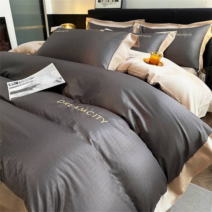 91家纺网 家纺一手货源 找家纺 古吉梦 2024新款水洗真丝提花四件套--迪梦  高级灰+奶茶